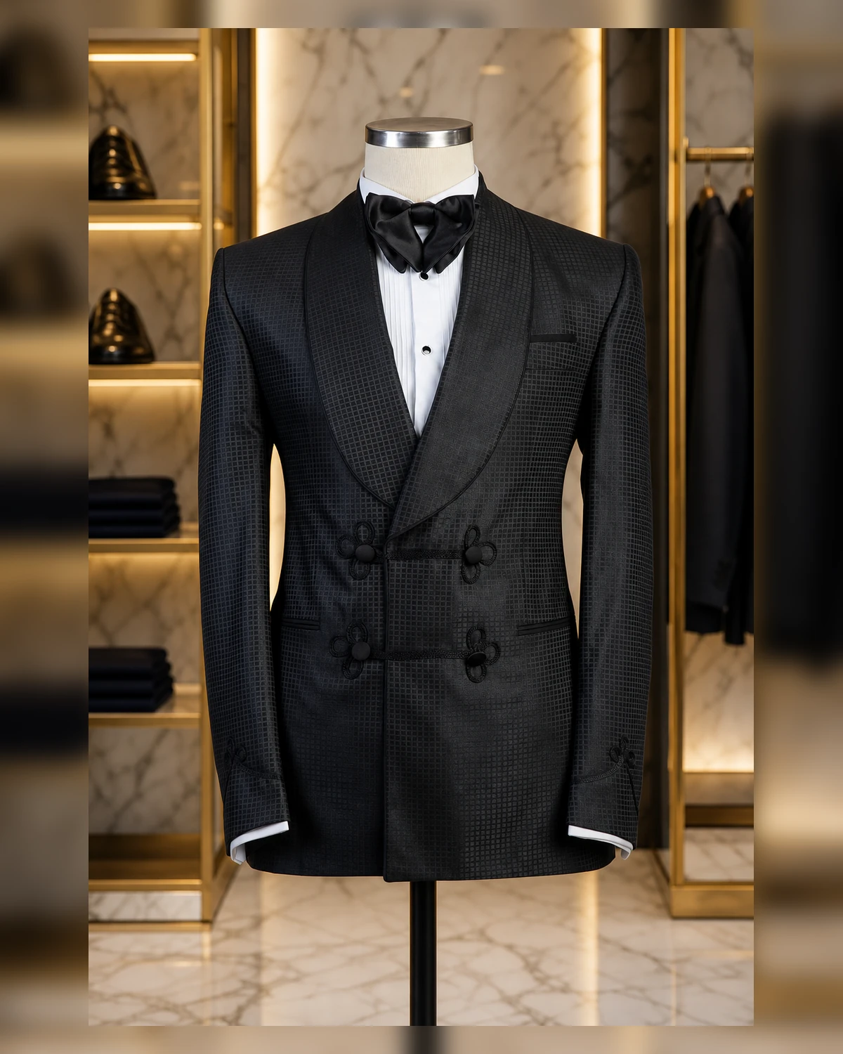 Double breasted black thread blazer — fabric detail