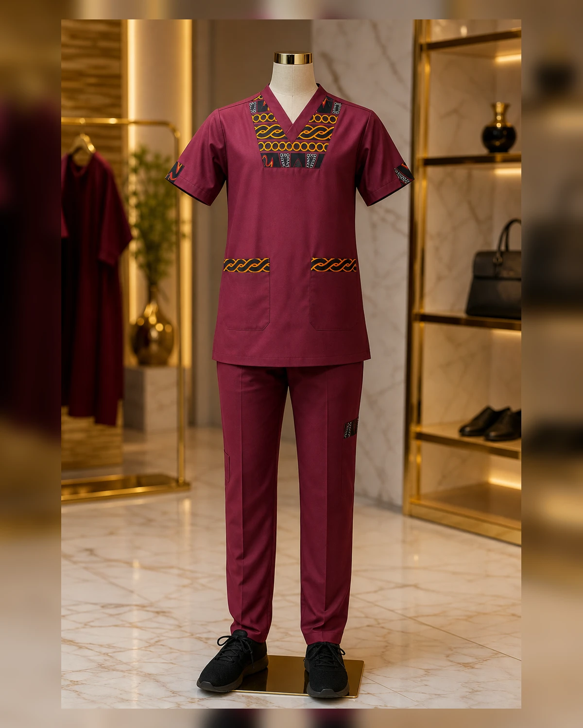 Female African print scrubs — fabric detail